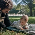Activités lyon bébé : bébé explore sur un tapis d’éveil au parc