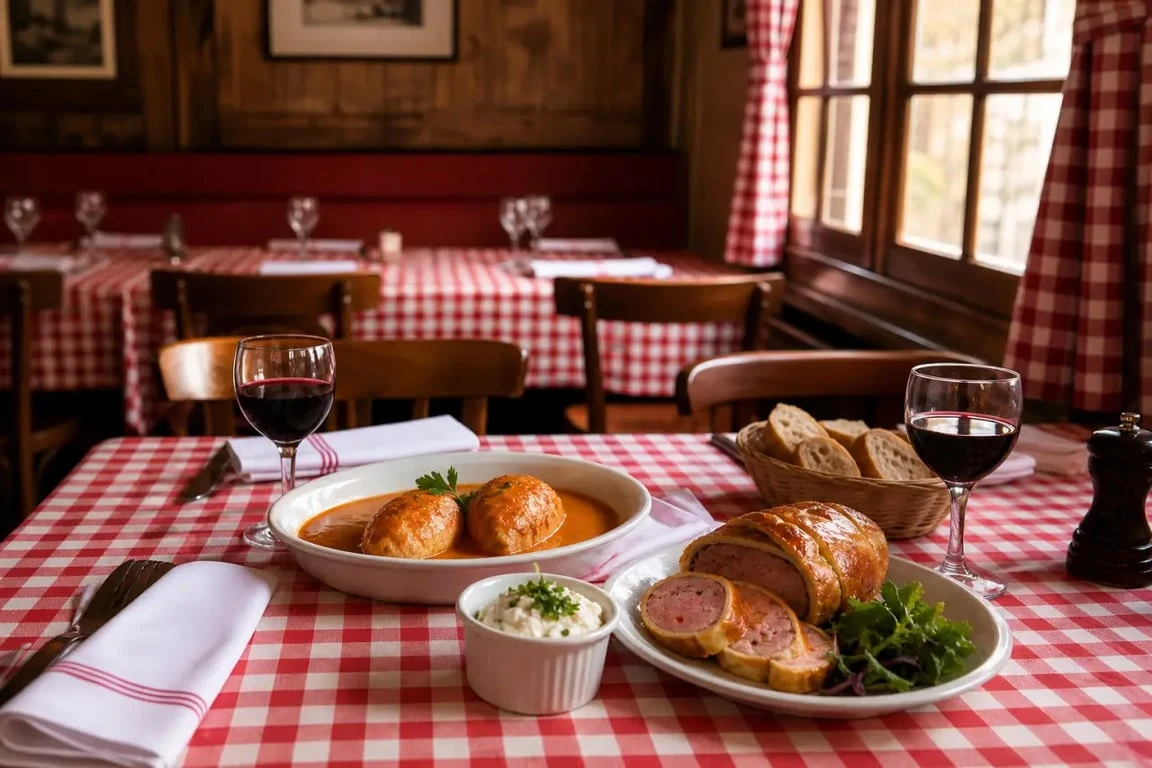restaurants bouchons lyon : intérieur traditionnel avec tables à carreaux et plats lyonnais typiques