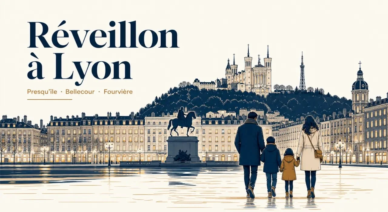 Nouvel an a lyon en famille : promenade nocturne sur la Presqu’île avec Fourvière en arrière-plan