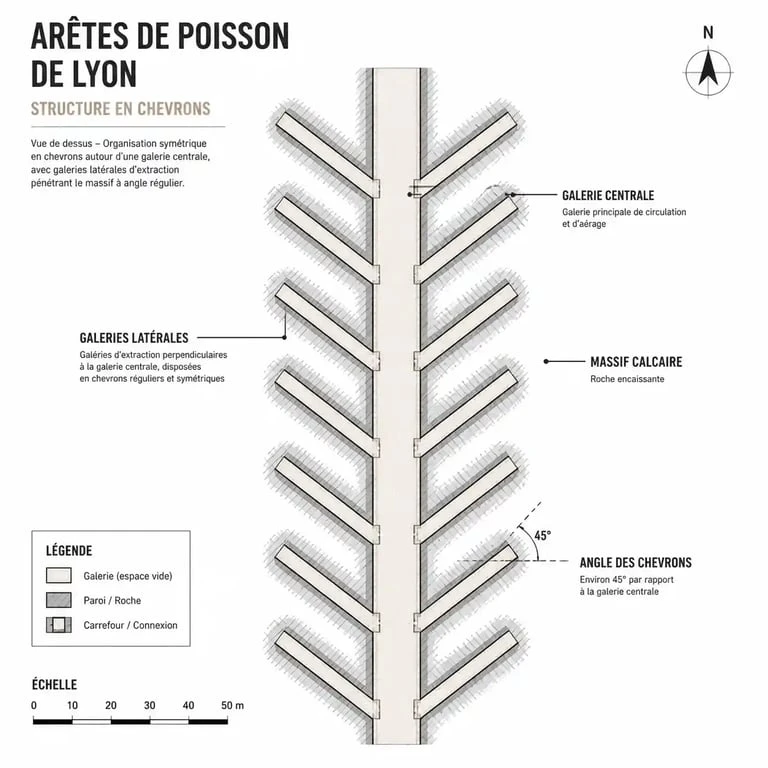 Schéma de la structure en chevrons des Arêtes de Poisson à Lyon