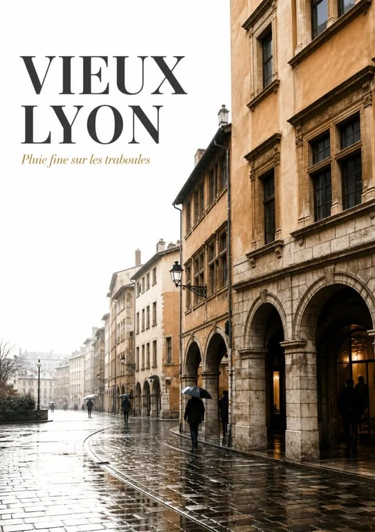 Quoi faire à Lyon quand il pleut : traboules du Vieux Lyon sous la pluie avec pavés mouillés et parapluies