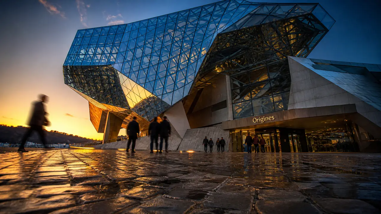musee de confluences à Lyon : façade vitrée et visiteurs