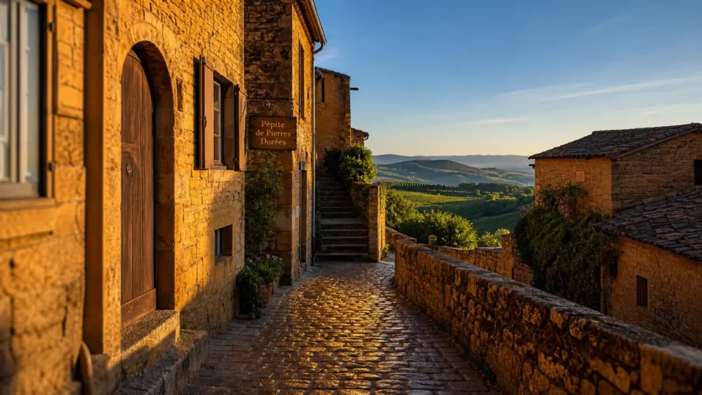 Que faire autour de Lyon : Oingt, village de Pierres Dorées doré au coucher du soleil