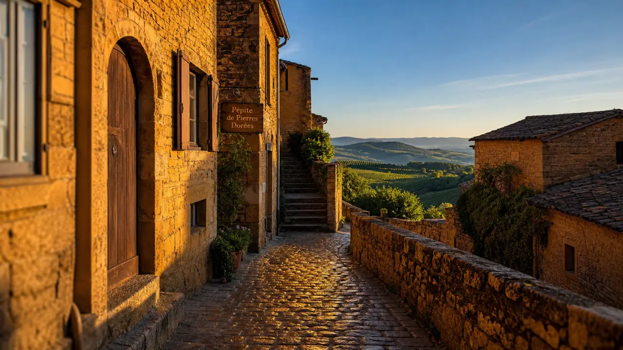 Que faire autour de Lyon : Oingt, village de Pierres Dorées doré au coucher du soleil