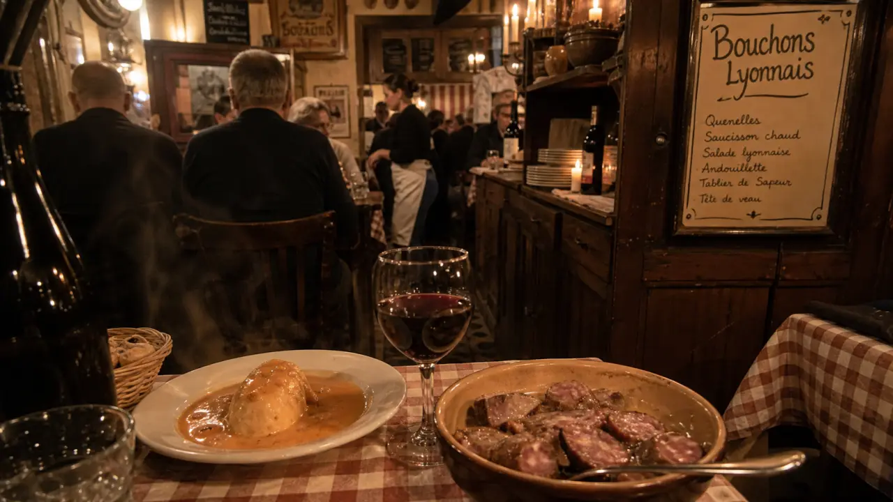 Restaurants bouchons lyon : tables traditionnelles avec plats lyonnais fumants
