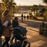 Sortie famille lyon aujourd’hui : famille avec poussette au Parc de la Tête d’Or, près de la Saône, à la golden hour