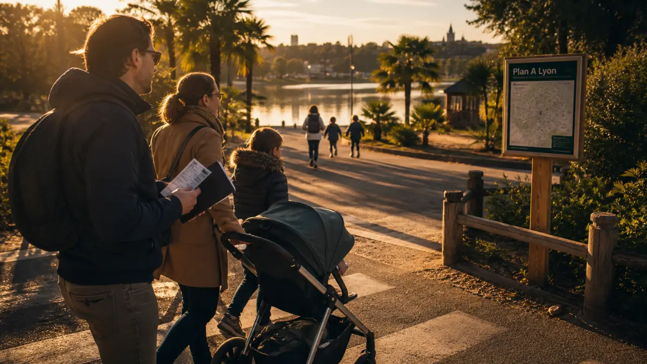 Sortie famille lyon aujourd’hui : famille avec poussette au Parc de la Tête d’Or, près de la Saône, à la golden hour