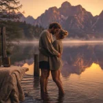 Week end en amoureux à 2h de Lyon : couple au bord d’un lac alpin, golden hour