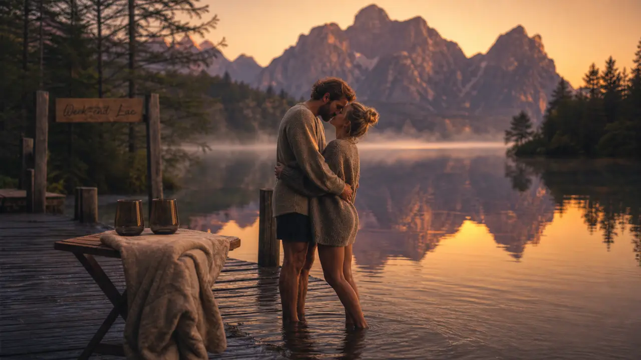 Week end en amoureux à 2h de Lyon : couple au bord d’un lac alpin, golden hour