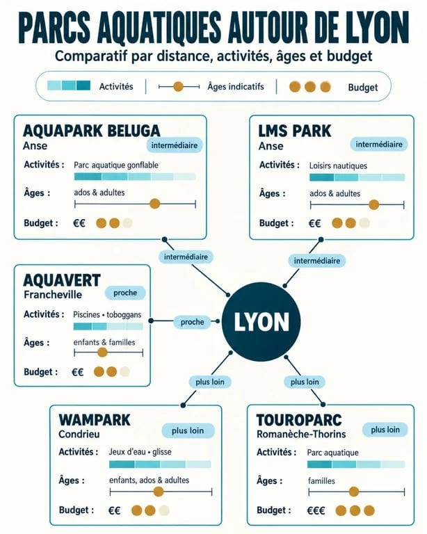 Infographie comparative des parcs aquatiques autour de Lyon selon la distance, l'âge et les activités