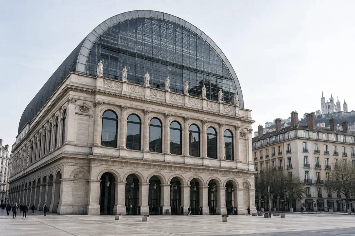 Opéra national de Lyon et événements à venir devant la façade place de la Comédie