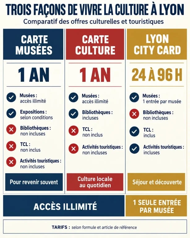 Carte musées Lyon : infographie comparative entre Carte Musées, Carte Culture et Lyon City Card