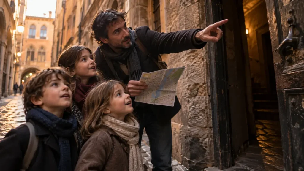 Visite vieux lyon en famille : enfants et adulte devant une traboule à Lyon