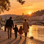 Visiter Lyon en famille 2 jours : famille sur les quais de la Presqu’île