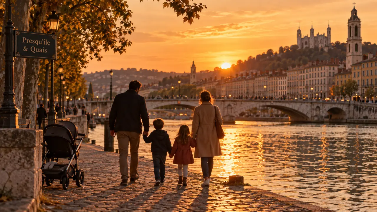 Visiter Lyon en famille 2 jours : famille sur les quais de la Presqu’île