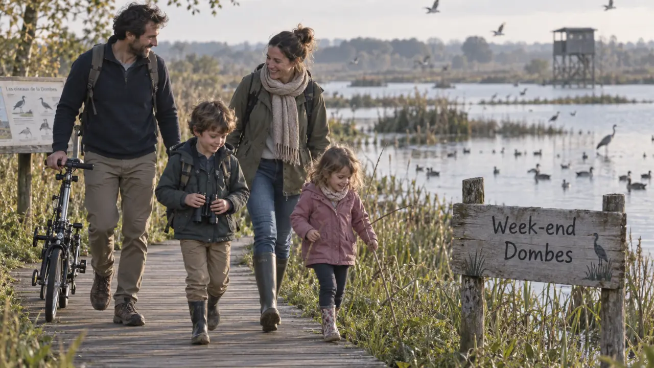 Week-end en famille proche lyon : famille à la Dombes, passerelle et vélo pliant
