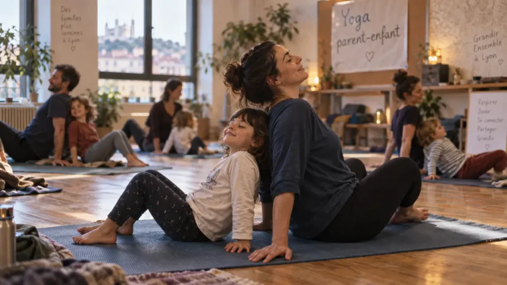 Yoga en famille lyon : parent et enfant qui s’étirent sur un tapis