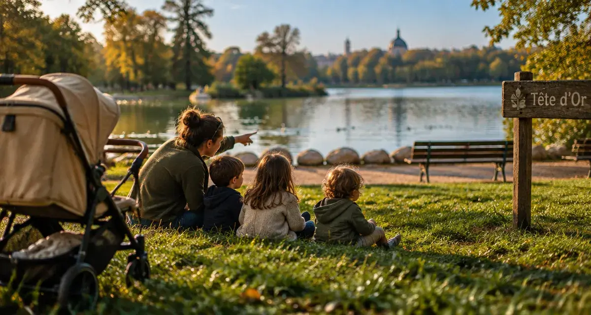 Balade a lyon en famille au parc de la Tête d’Or, poussette et enfants au bord du lac