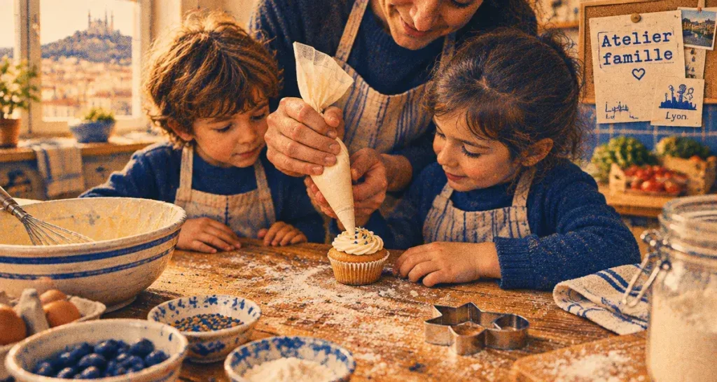 Cours de cuisine lyon en famille : atelier dès 18 mois, enfants et adulte en tablier