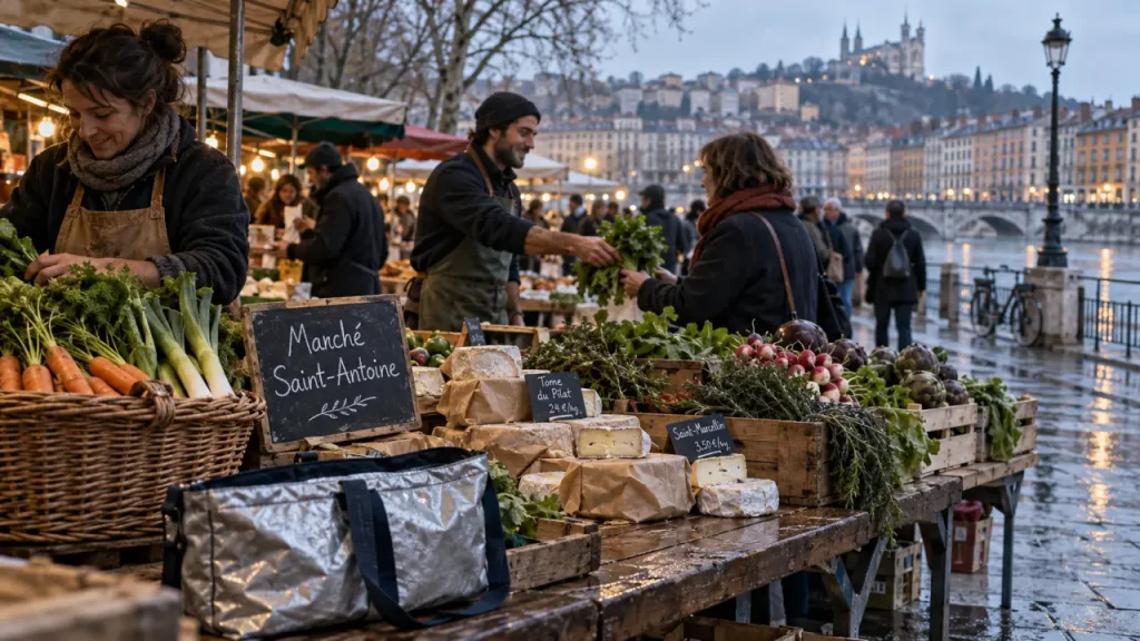 Lyon marchés alimentaires : marché du matin, étals de légumes et fromages