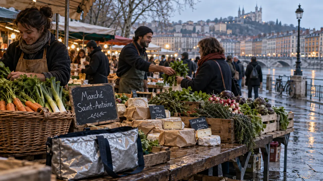 Lyon marchés alimentaires : marché du matin, étals de légumes et fromages