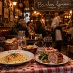 Les meilleurs bouchons du vieux lyon : entrée de bouchon traditionnel, table et plats fumants