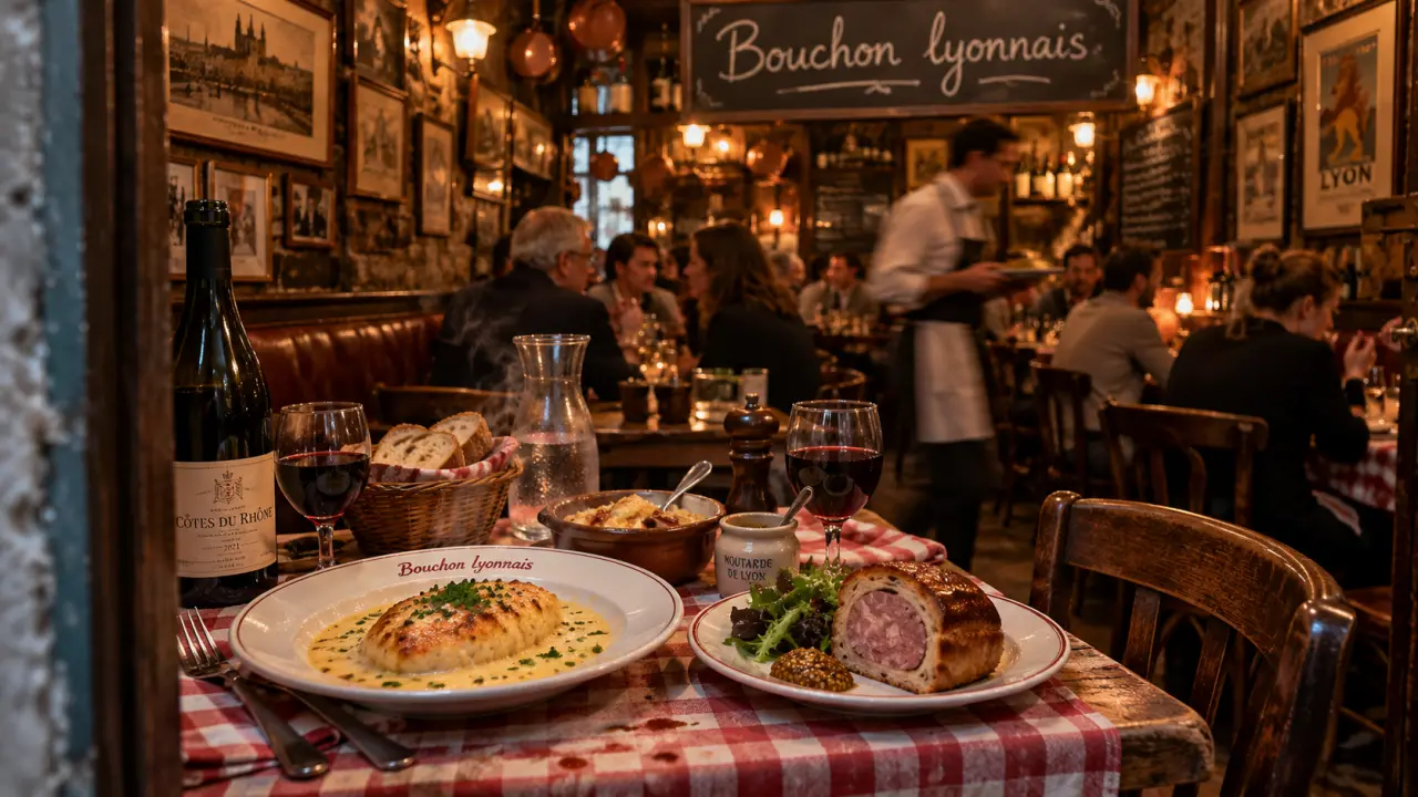 Les meilleurs bouchons du vieux lyon : entrée de bouchon traditionnel, table et plats fumants