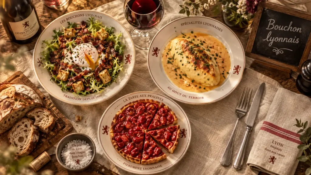 Restaurant les bouchons de lyon : table lyonnaise avec menu et plats traditionnels