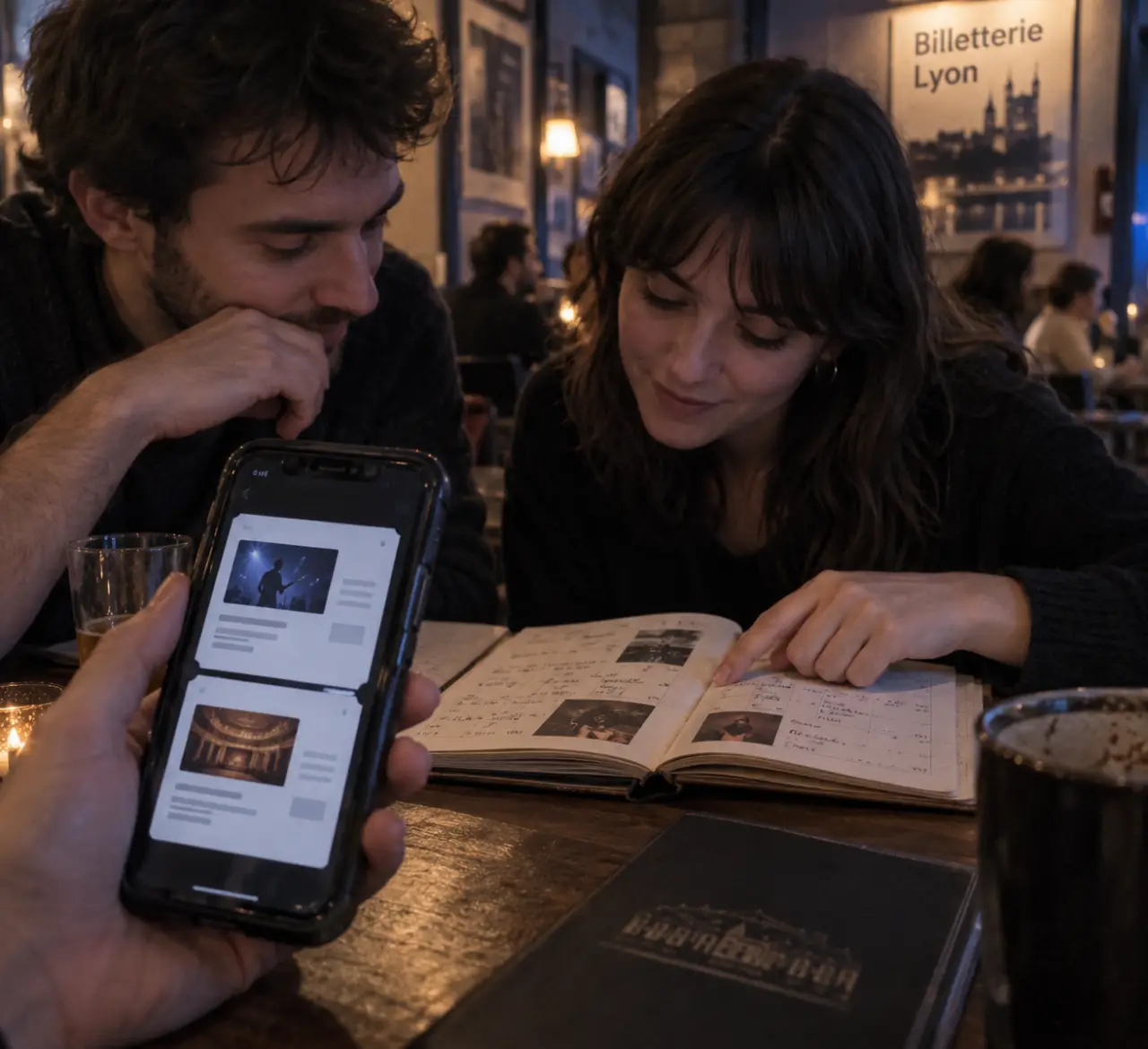 Spectacles concerts Lyon : deux personnes choisissent un spectacle sur leur téléphone