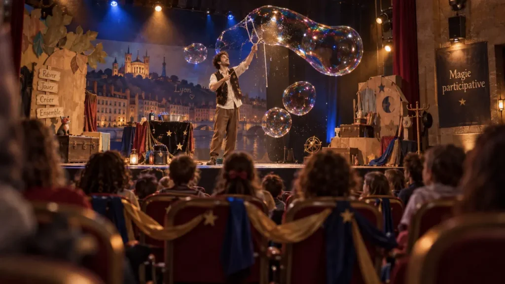Spectacles de Noël pour enfants à Lyon : magie, bulles et organisation maîtrisée